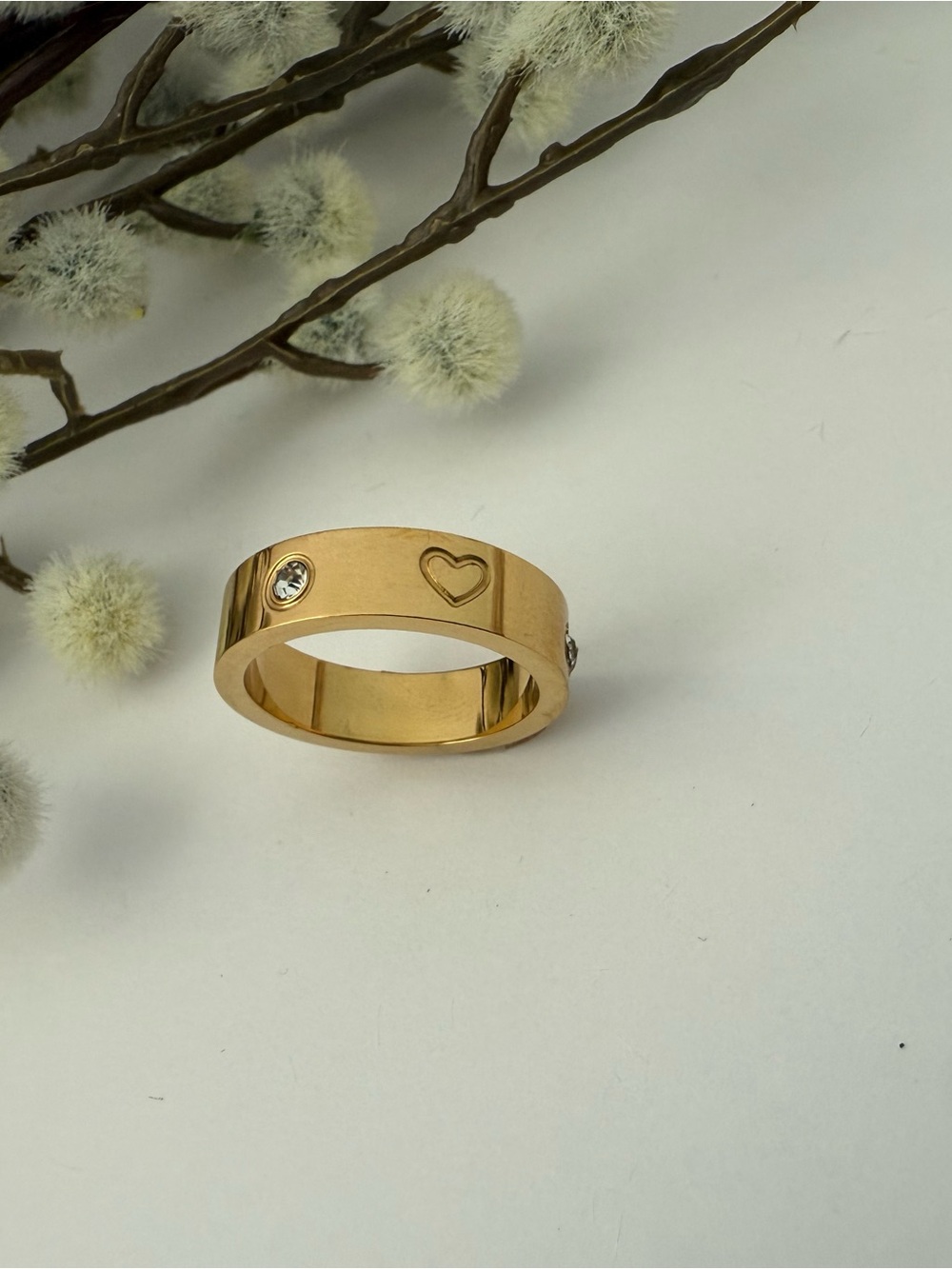 Gold Heart Accent Stainless Steel Ring with Crystal Accents
